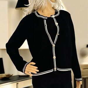 ELIE TAHARI NEW Black White Knit Cardigan Sz L
